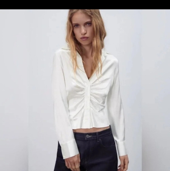 Zara Tops - NWT Zara Button Down Ruched Satin Effect Shirt LARGE